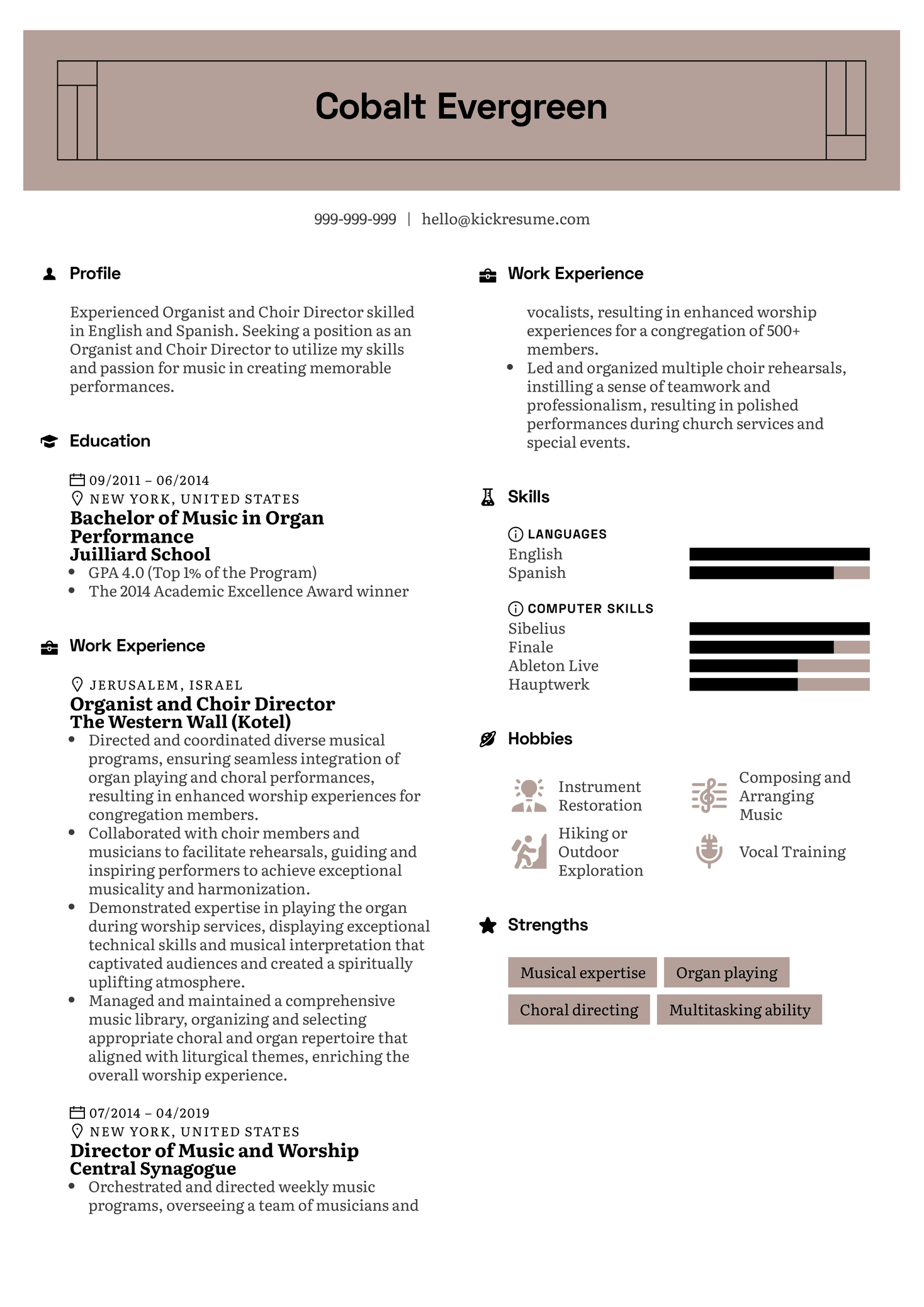 Organist and Choir Director Resume Sample