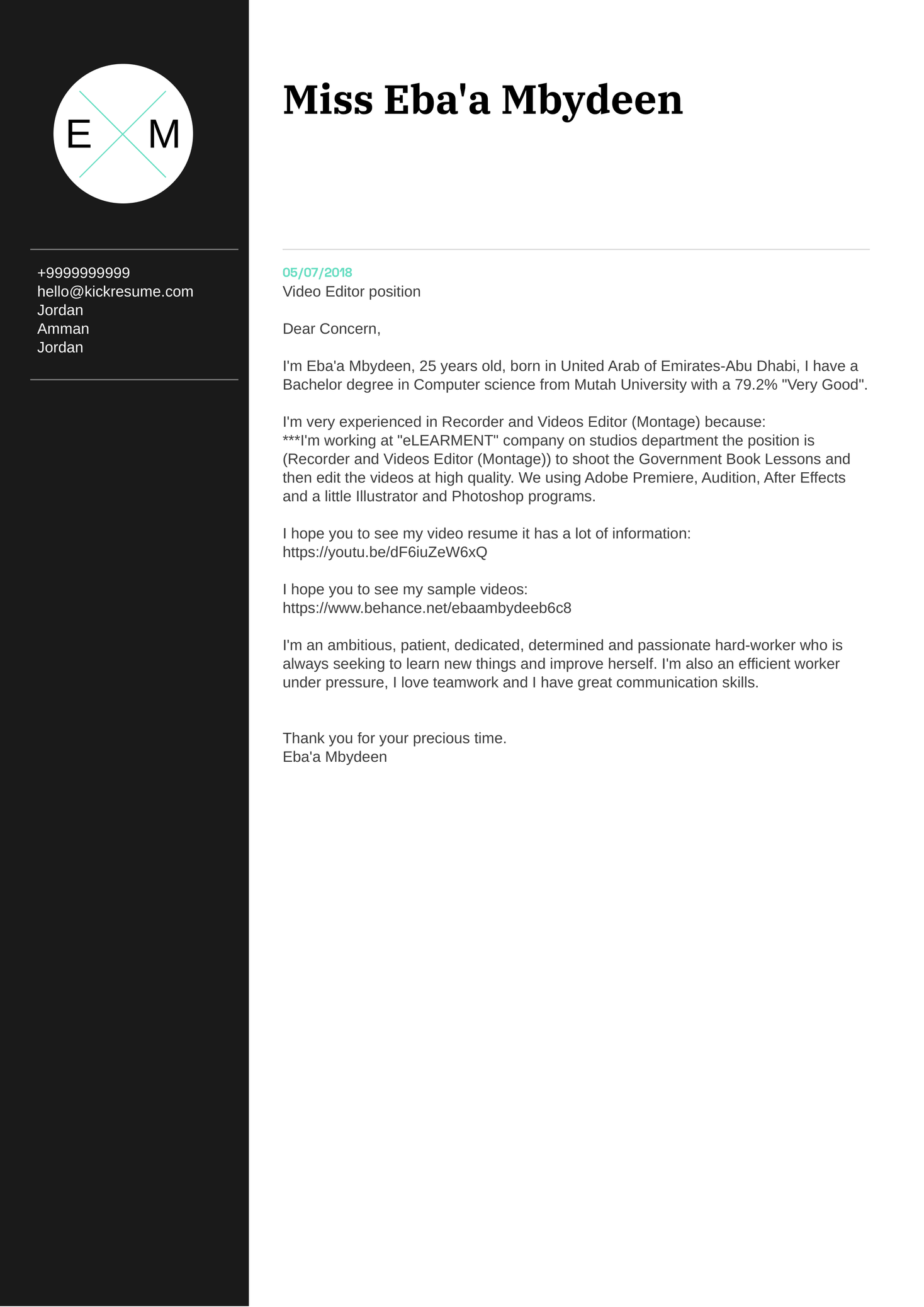 Video Editor Cover Letter Sample