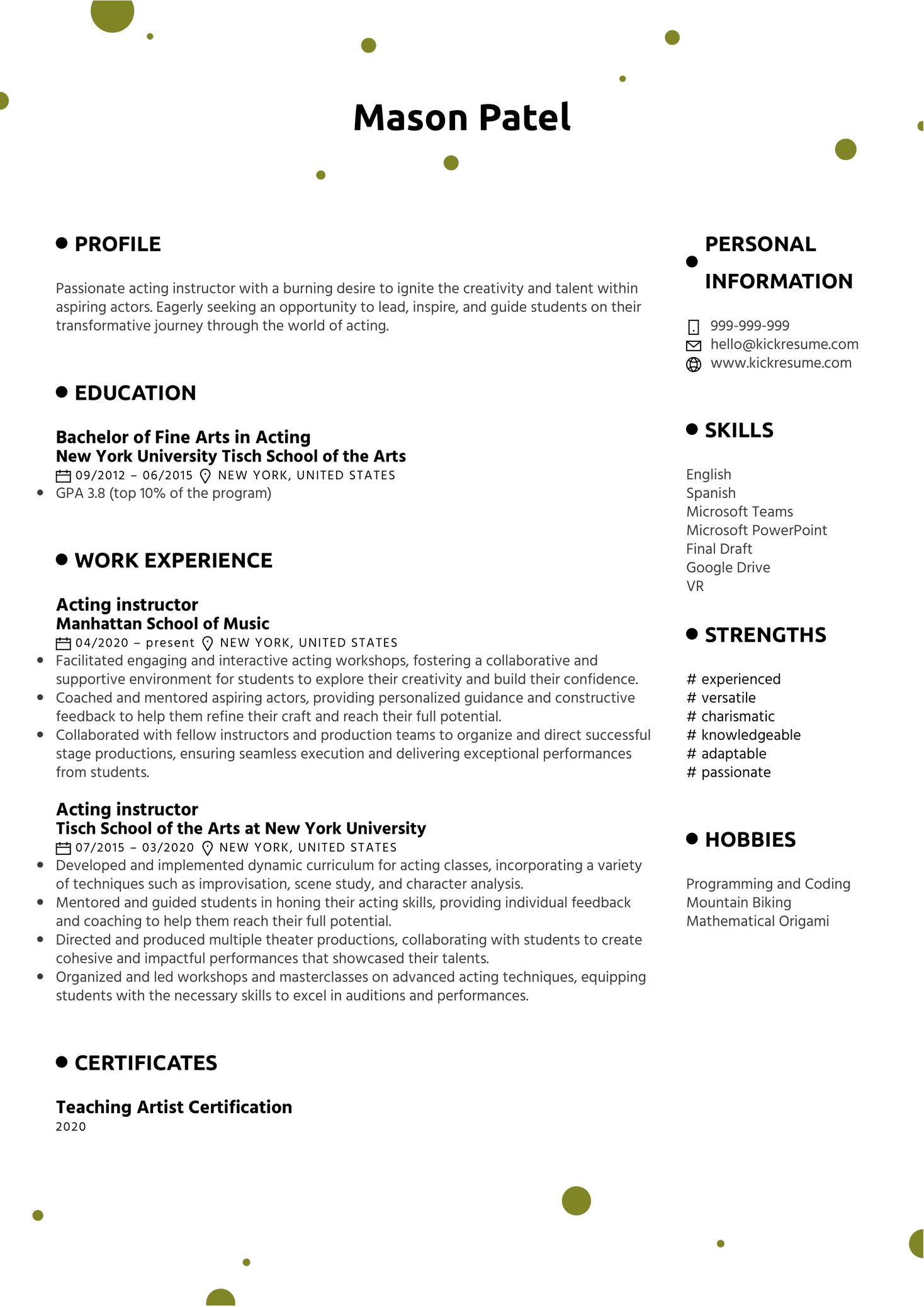 Acting Instructor Resume Sample