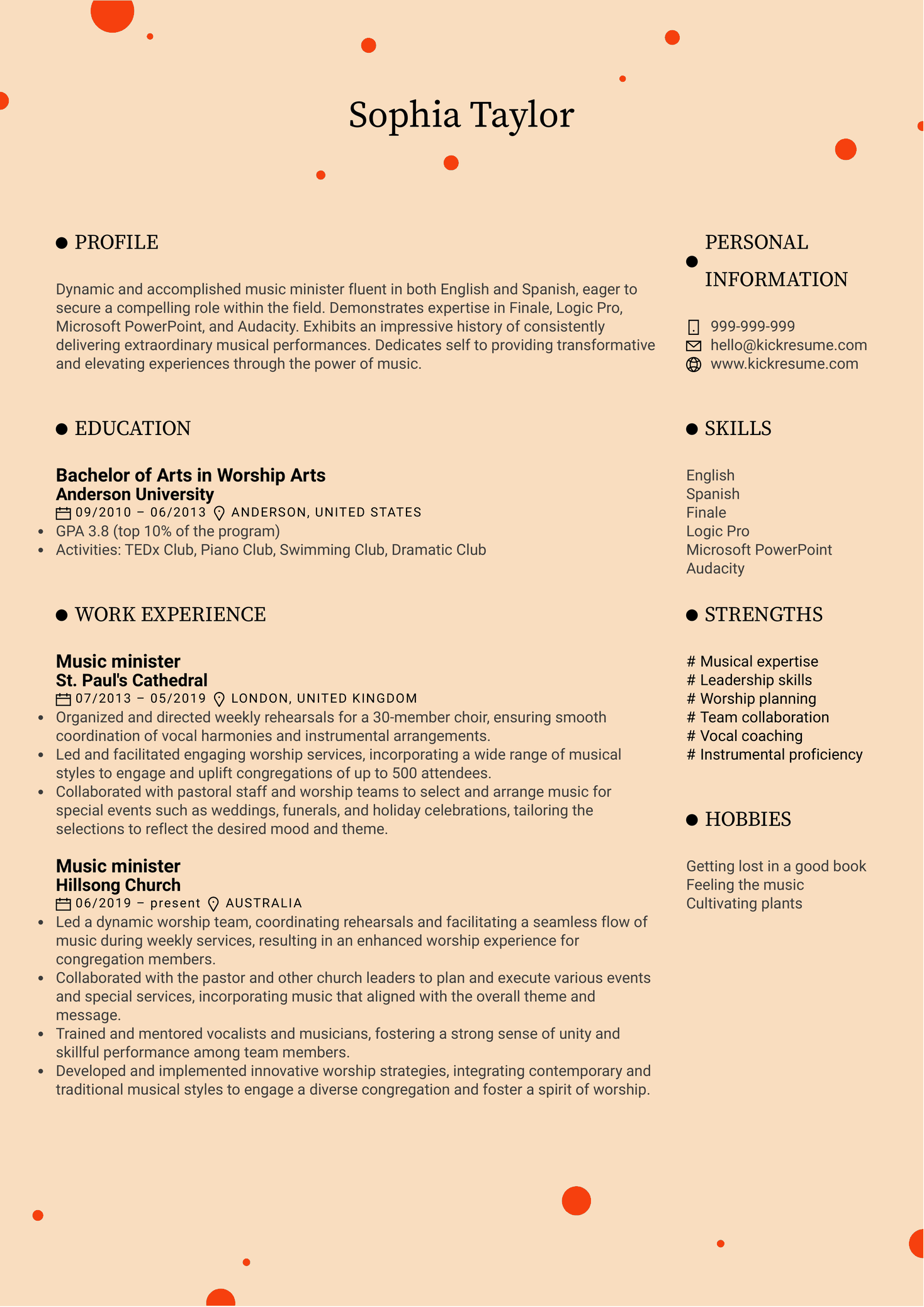 Music minister Resume Sample