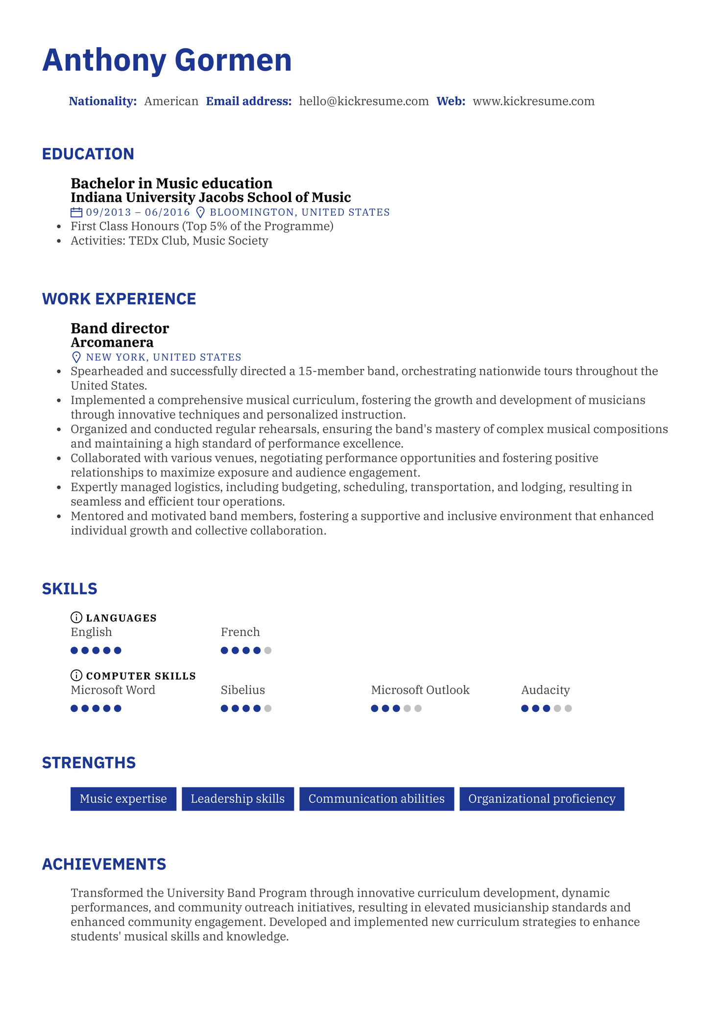 Band director Resume Sample