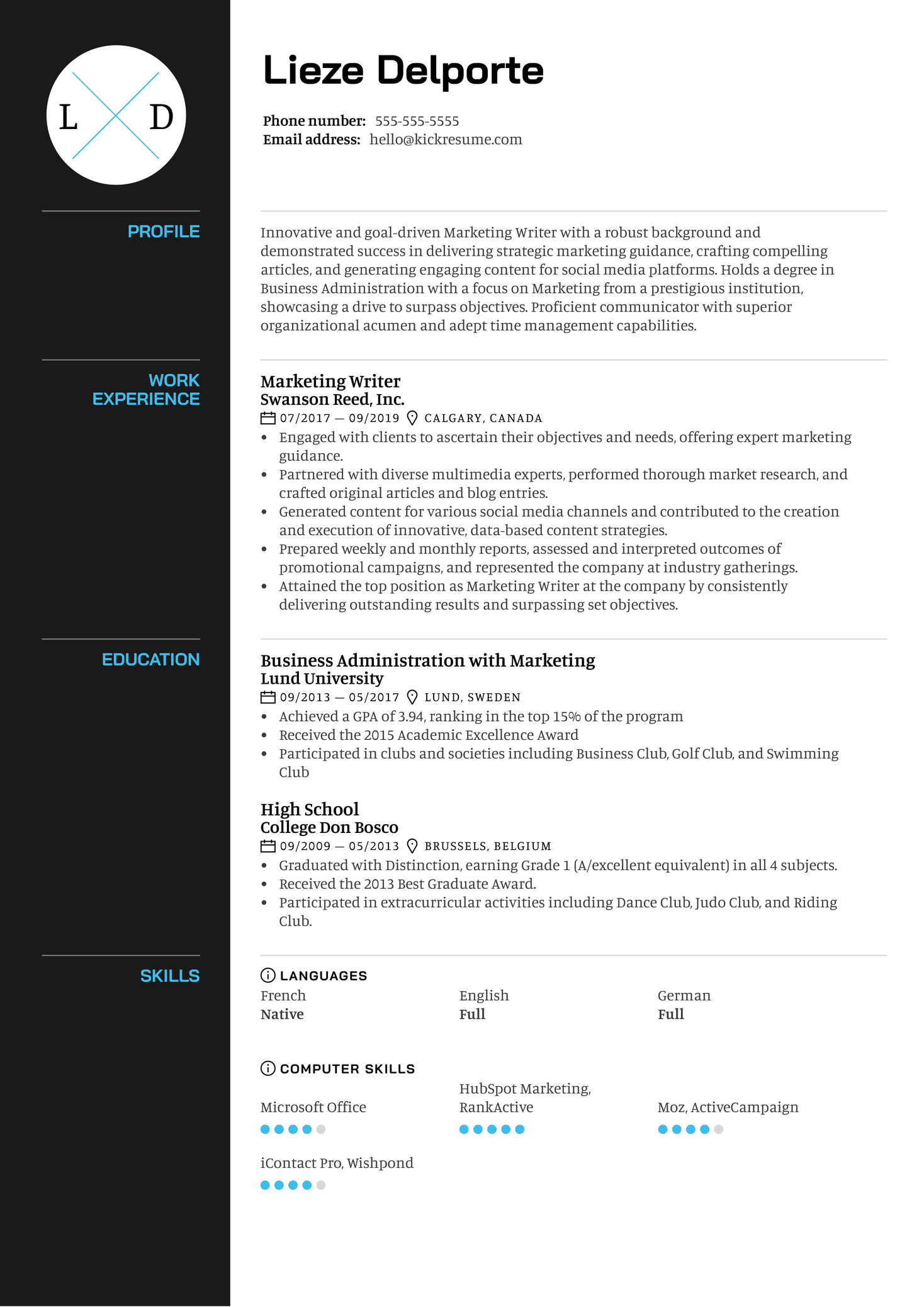 Marketing Writer Resume Sample