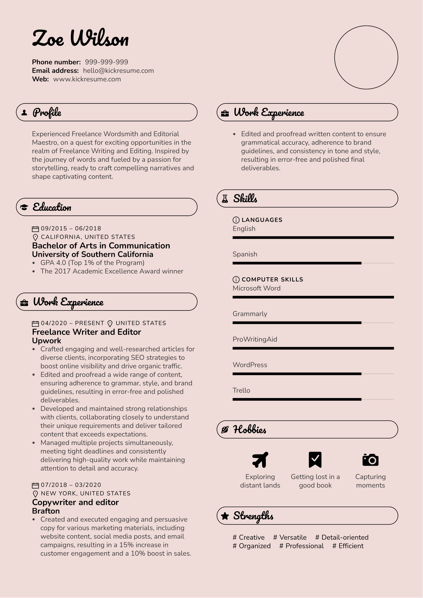 Freelance Writer and Editor Resume Sample