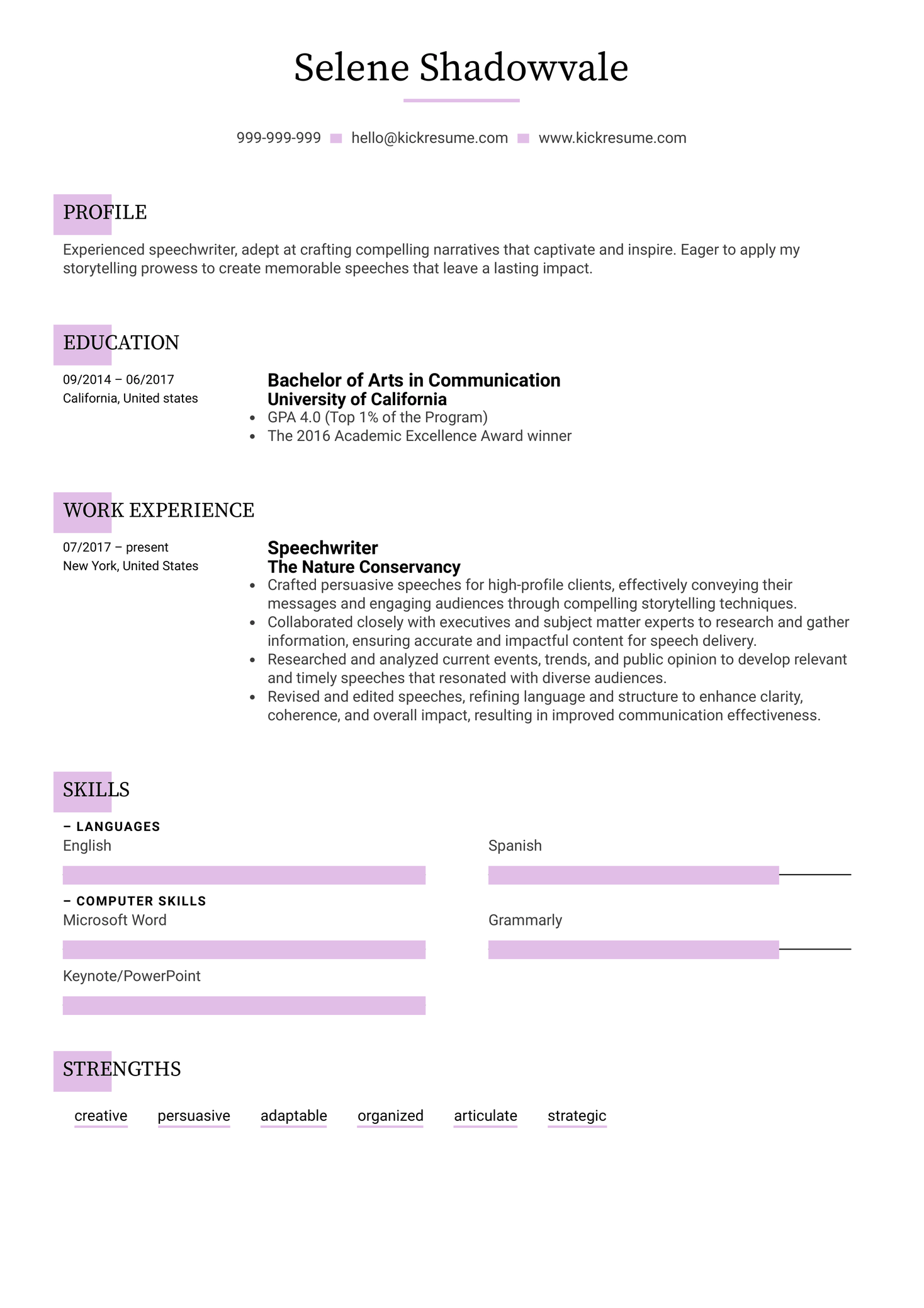 Speechwriter Resume Sample