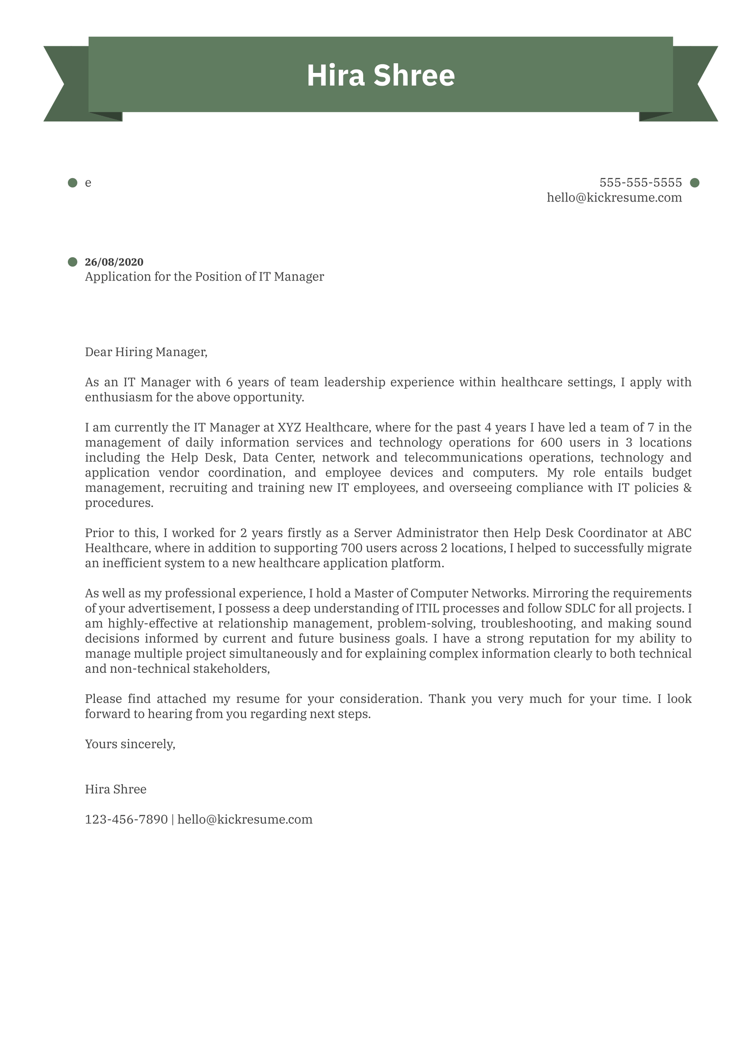 Essen Health Care IT Manager Cover Letter Example