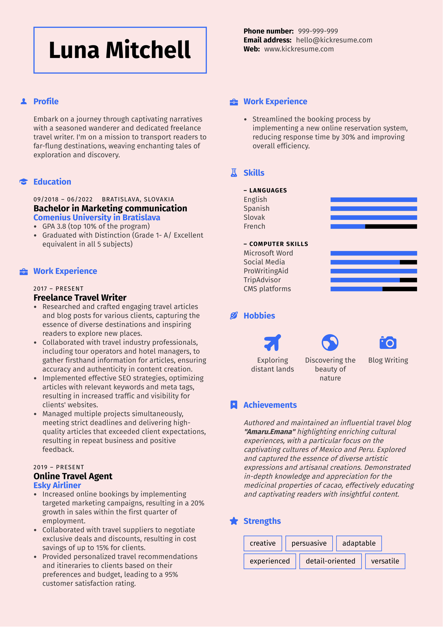 Travel Writer Resume Sample