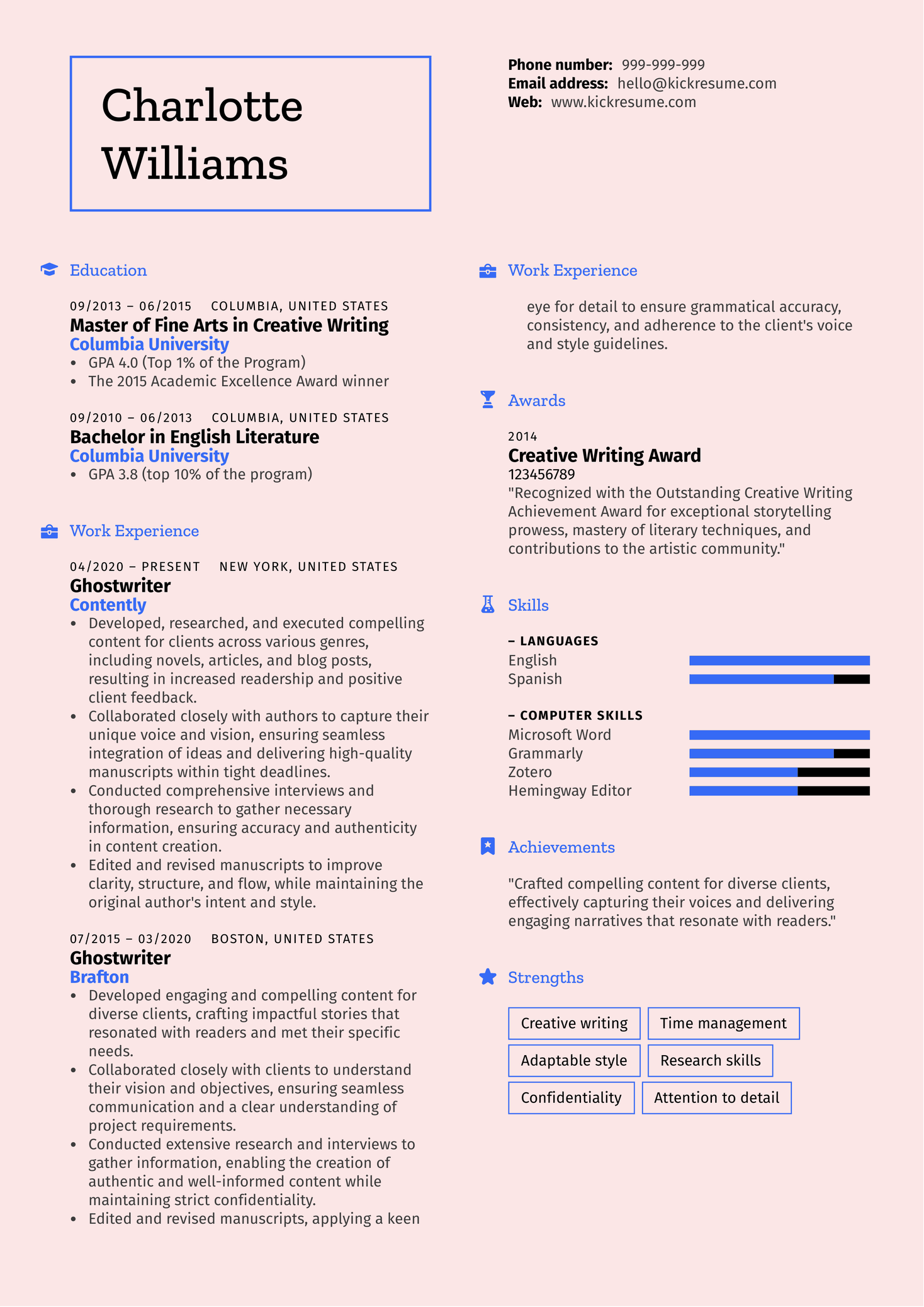 Ghostwriter Resume Sample