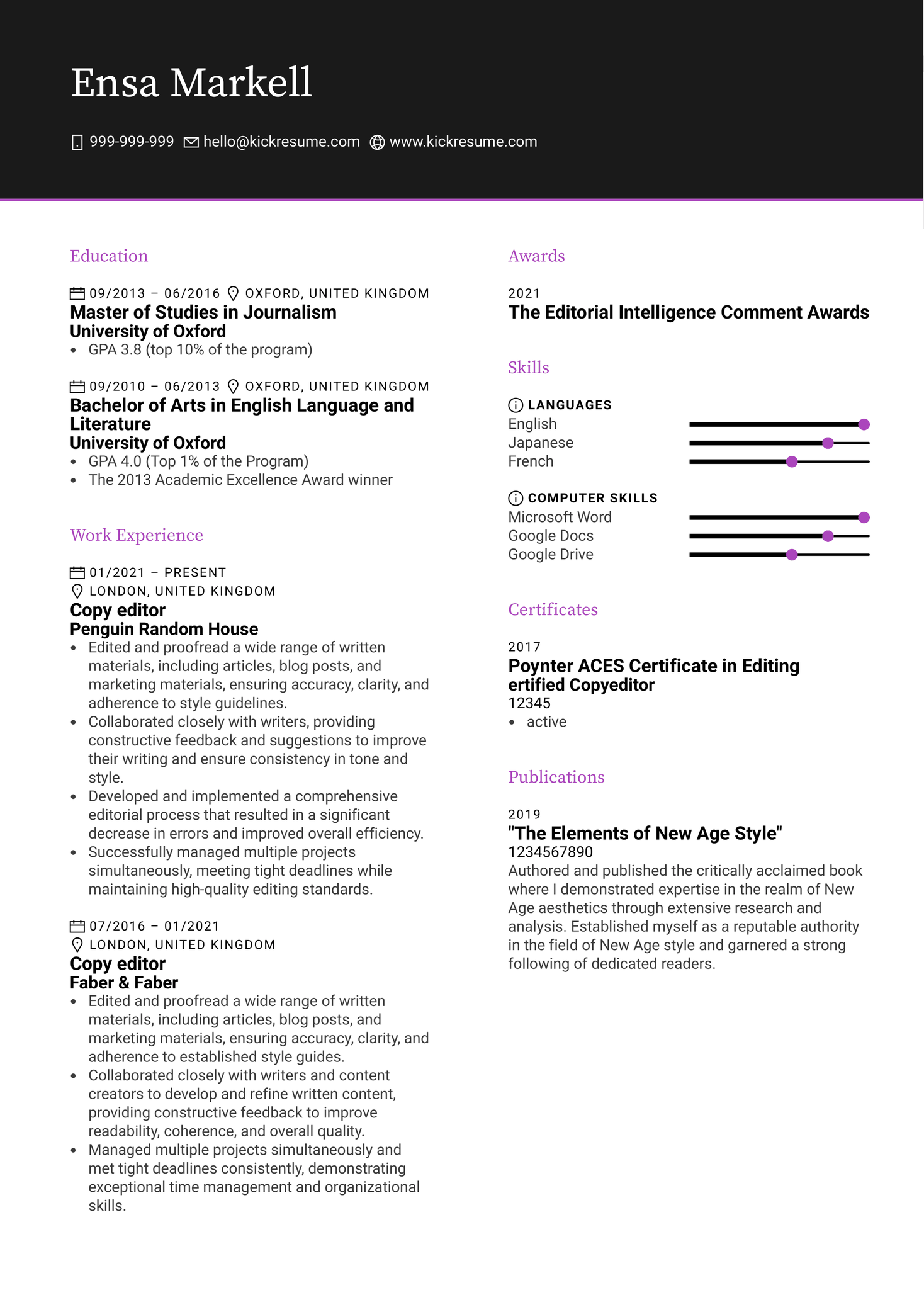 Copy Editor Resume Sample