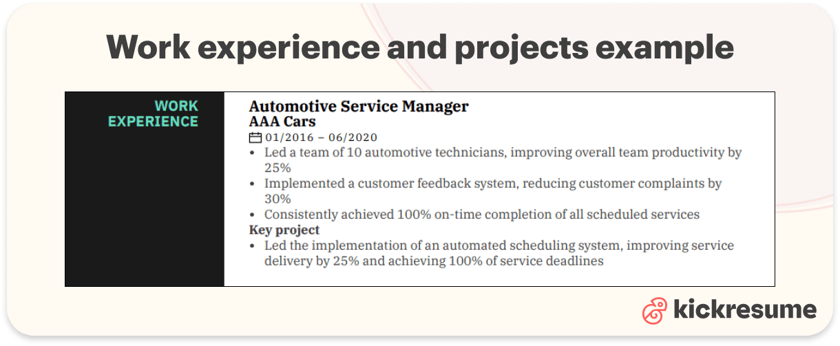 service manager work experience and projects example