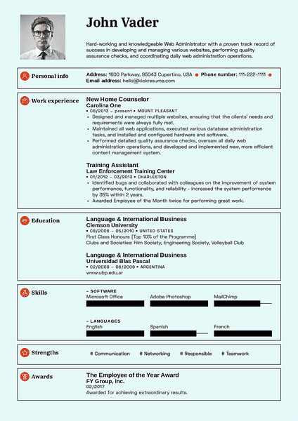 Standard resume template made by Kickresume resume builder