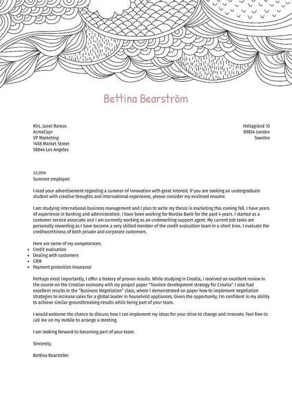 Example of a creative cover letter design with beautiful visuals and professional typography