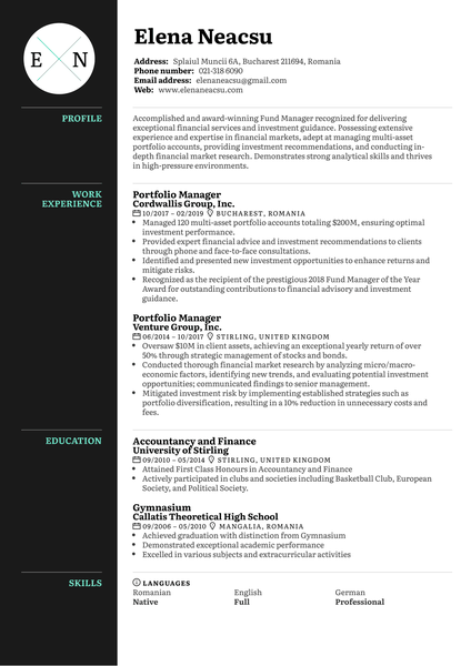 Portfolio Manager Resume Example