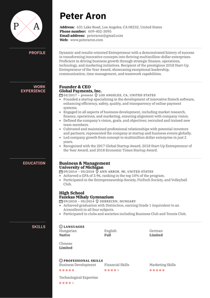 Founder Resume Example