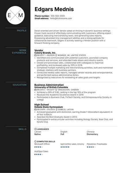 Vendor Resume Example