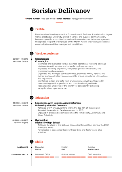 Storekeeper Resume Sample