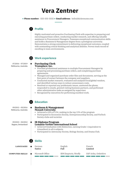 Purchasing Clerk Resume Sample