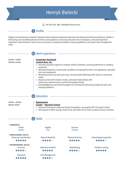 Carpenter Assistant Resume Sample