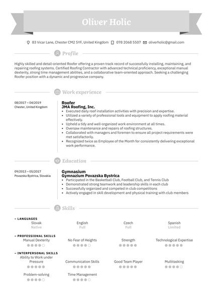 Roofer Resume Sample