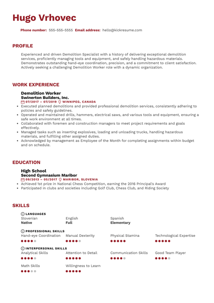 Demolition Worker Resume Sample