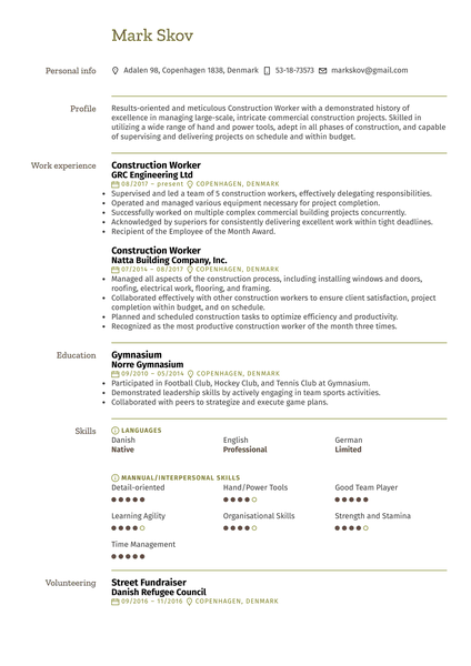 Construction Worker Resume Example