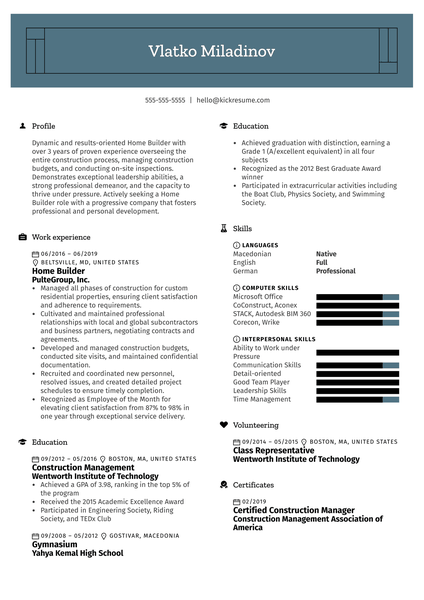 Home Builder Resume Example