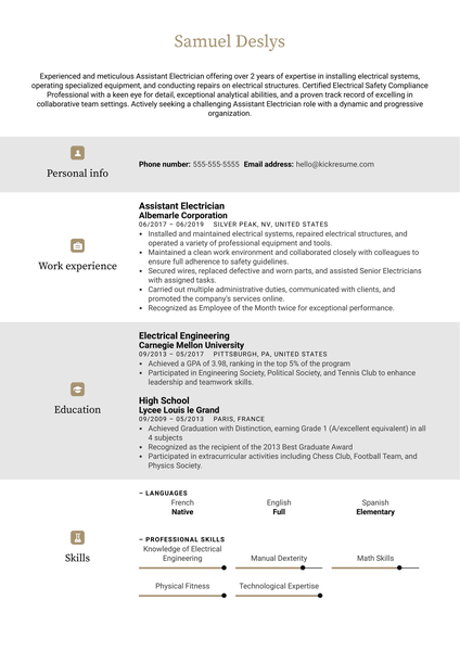 Assistant Electrician Resume Sample