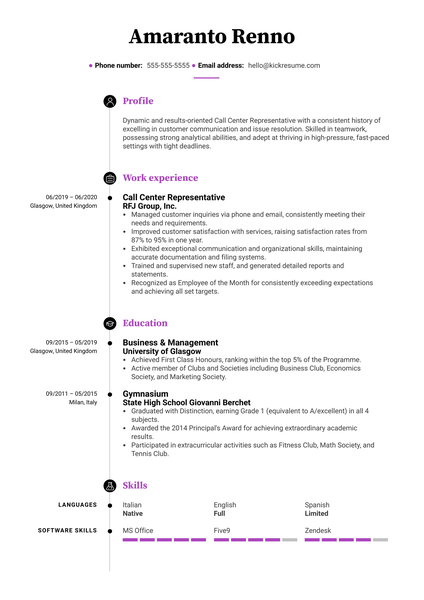 Modern Call Center Resume Sample