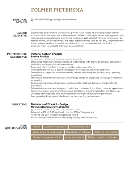 Personal Fashion Shopper Resume Sample