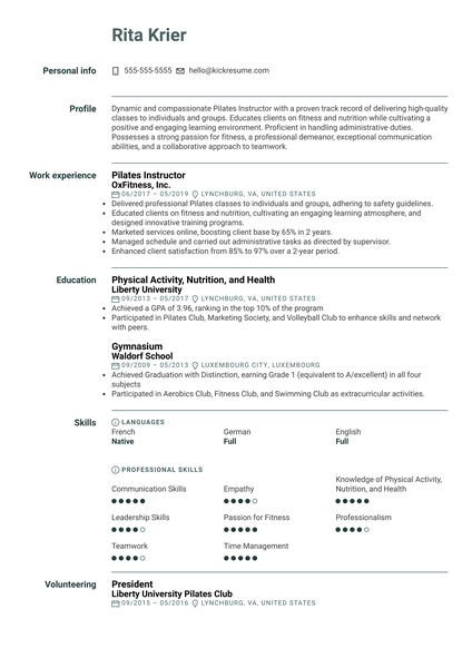 Pilates Instructor Resume Sample