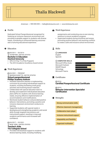 School Paraprofessional Resume Sample