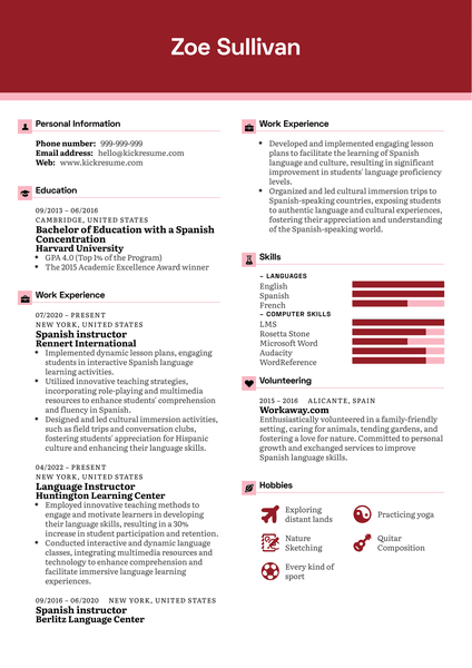 Spanish Instructor Resume Sample