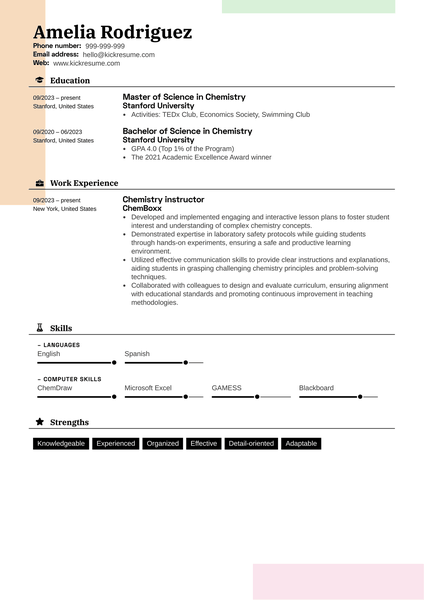 Chemistry Instructor Resume Sample