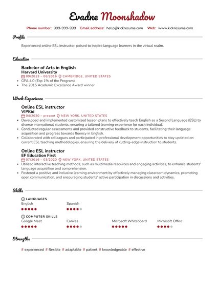 Online ESL Instructor Resume Sample