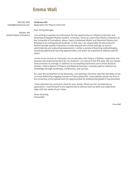 Physics Instructor Cover Letter Sample