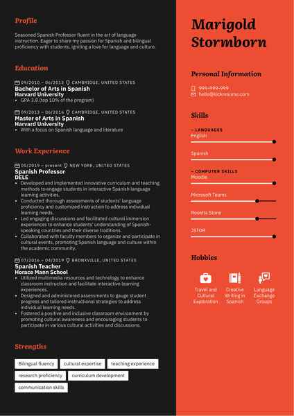 Spanish Professor Resume Sample