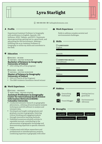 Assistant Professors in Geography Resume Sample