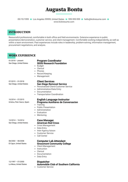 San Diego State University Project Coordinator Resume Sample