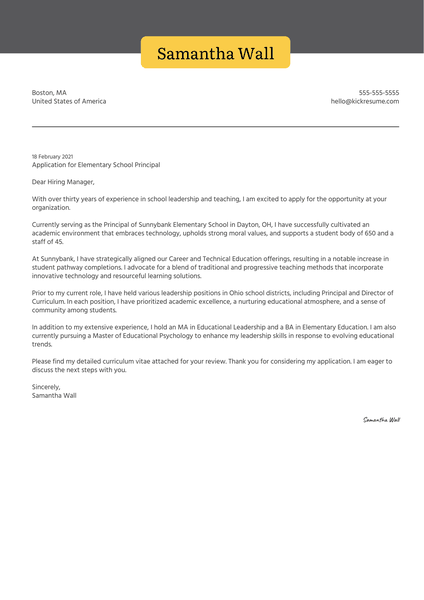 Elementary School Principal Cover Letter Sample