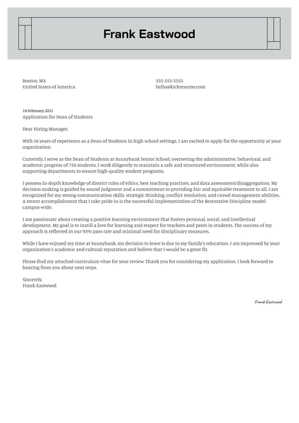 Dean of Students Cover Letter Sample