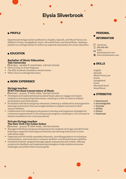 Strings Teacher Resume Sample