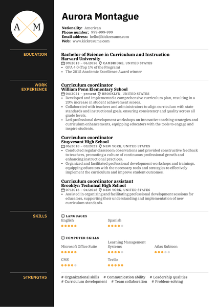 Curriculum Coordinator Resume Sample