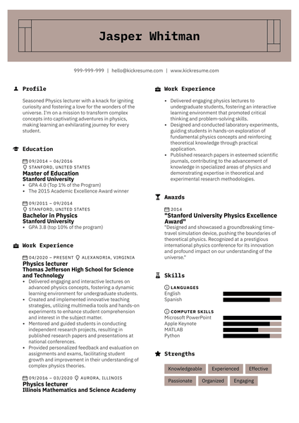 Physics Lecturer Resume Sample