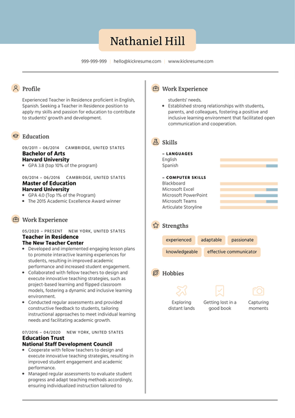 Teacher in Residence Resume Sample