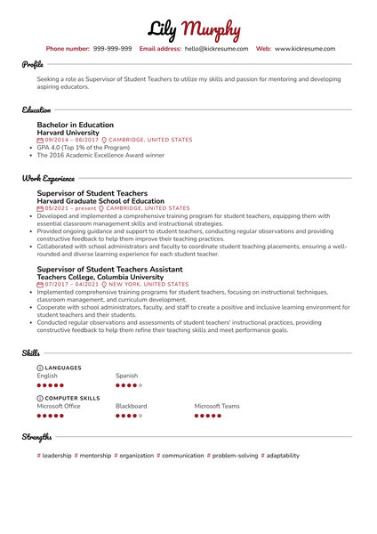 Supervisor of Student Teachers Resume Sample