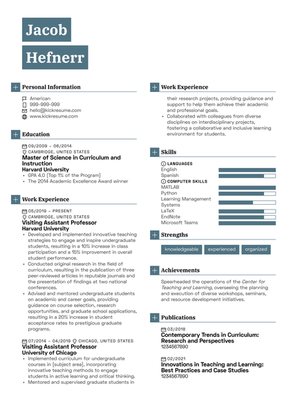 Visiting Assistant Professor Resume Sample