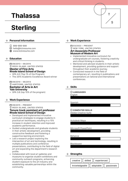 Tenure Track Assistant Art Professor Resume Sample