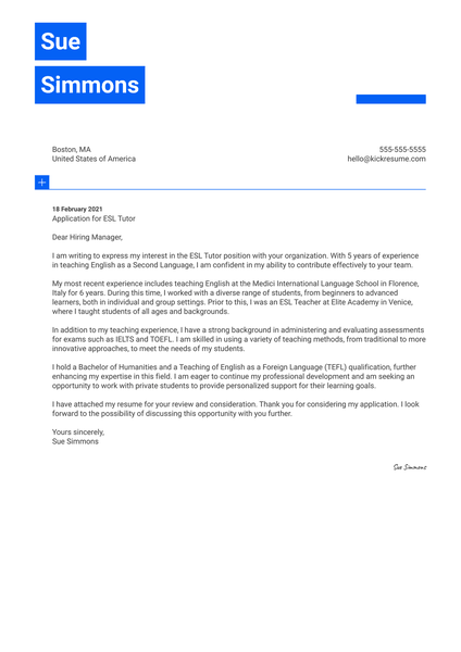 ESL Tutor Cover Letter Template