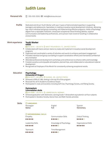 Youth Worker Resume Example