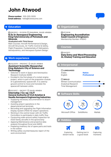 Assistant Aerospace Engineer at KACST Resume Sample