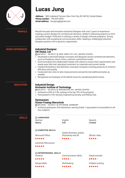 Industrial Designer Resume Example